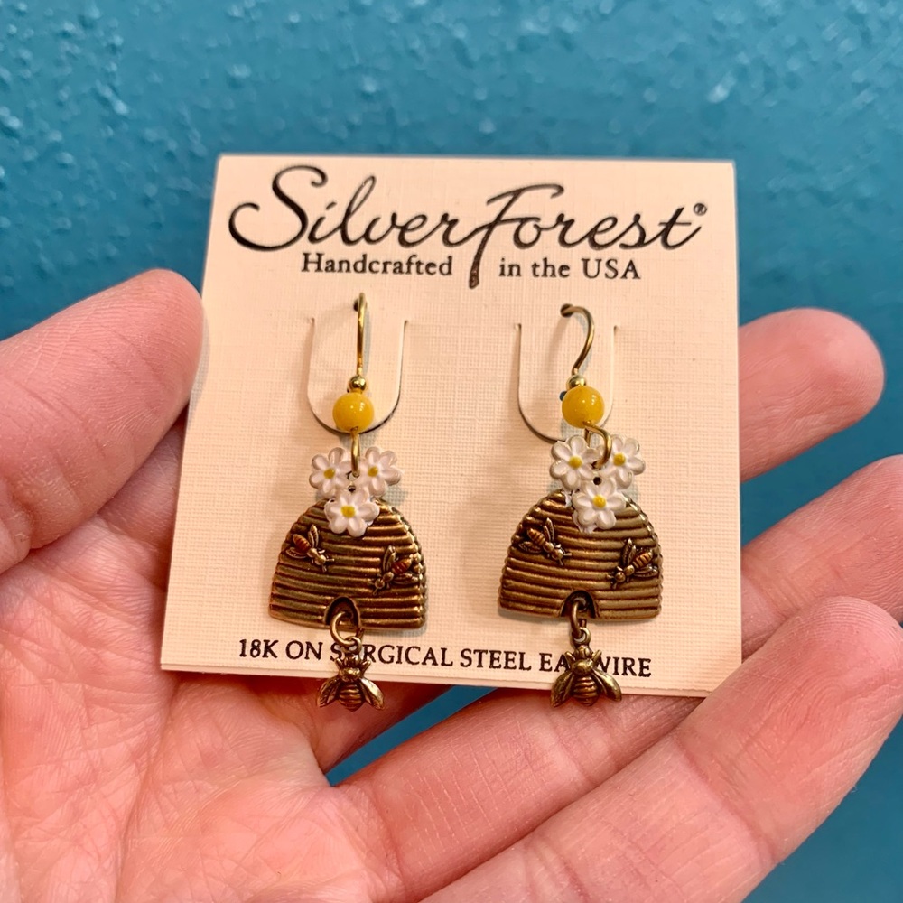 Silver Forest earrings gold bumble bee hive nature honey dangle